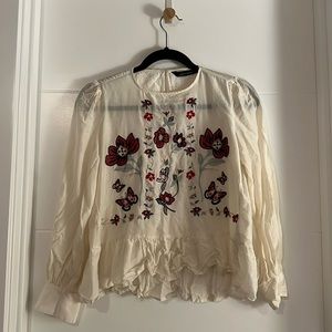 Zara cotton silk blouse floral embroidered cottagecore